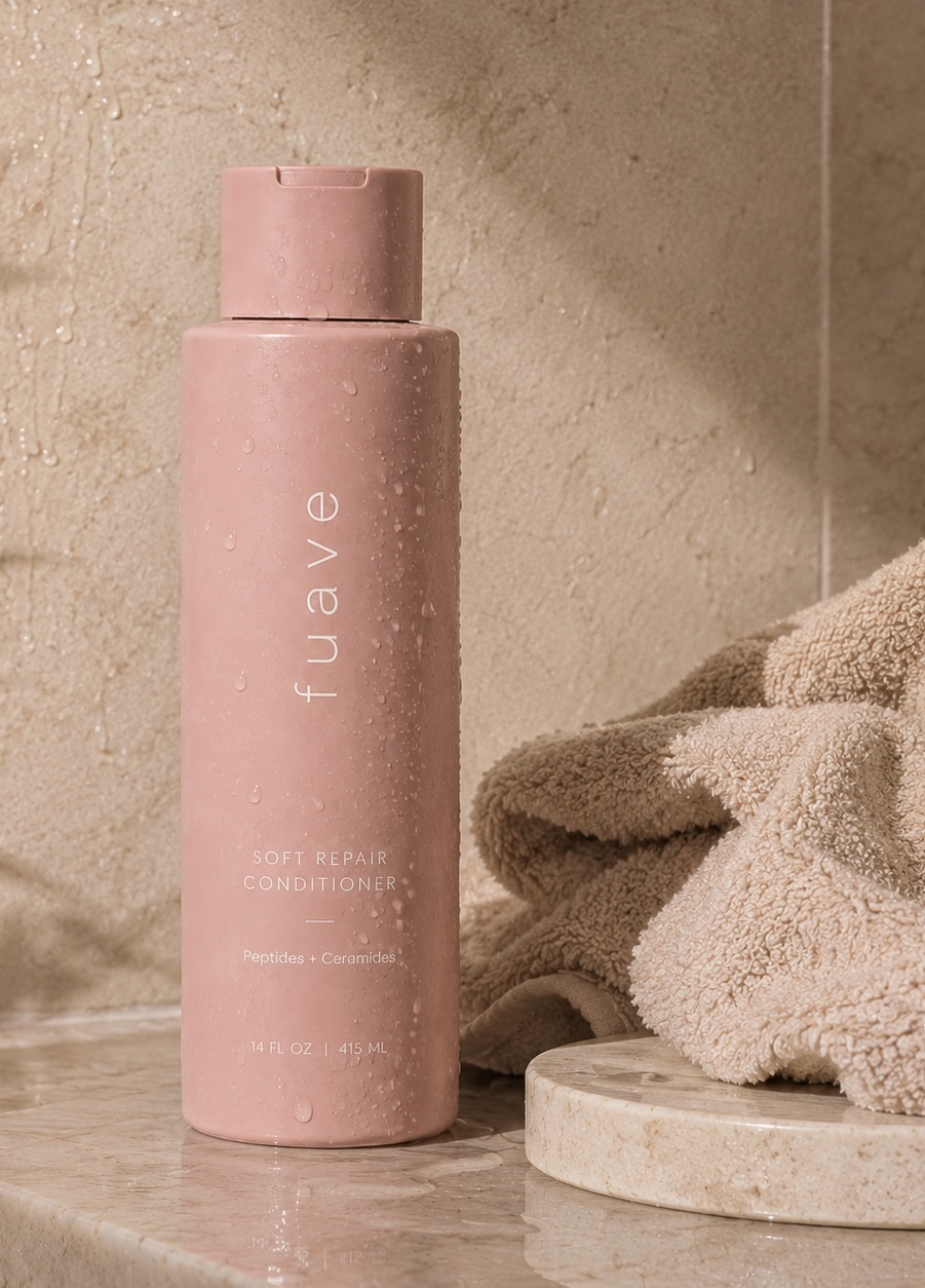 FUAVE Soft Repair Conditioner bottle with water droplets in a shower setting